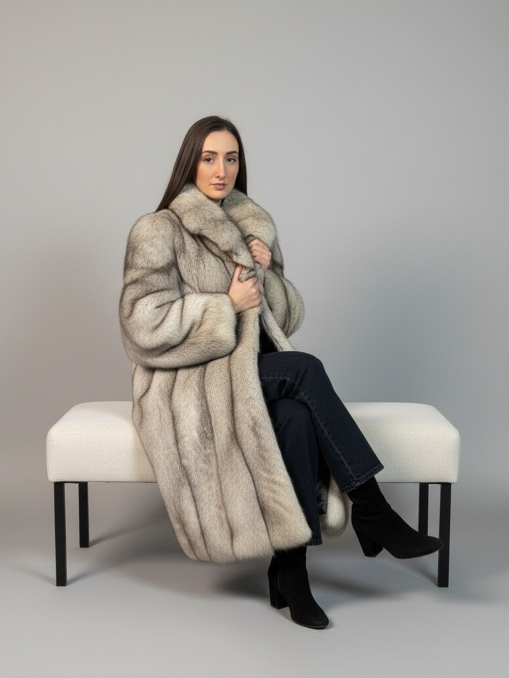 Luxurious Long Vintage Silver Fox Fur Coat